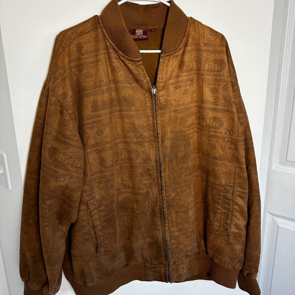 Burgundy Faux Suede Bomber Jacket (XL) - Money Print Cash Dollar Bills